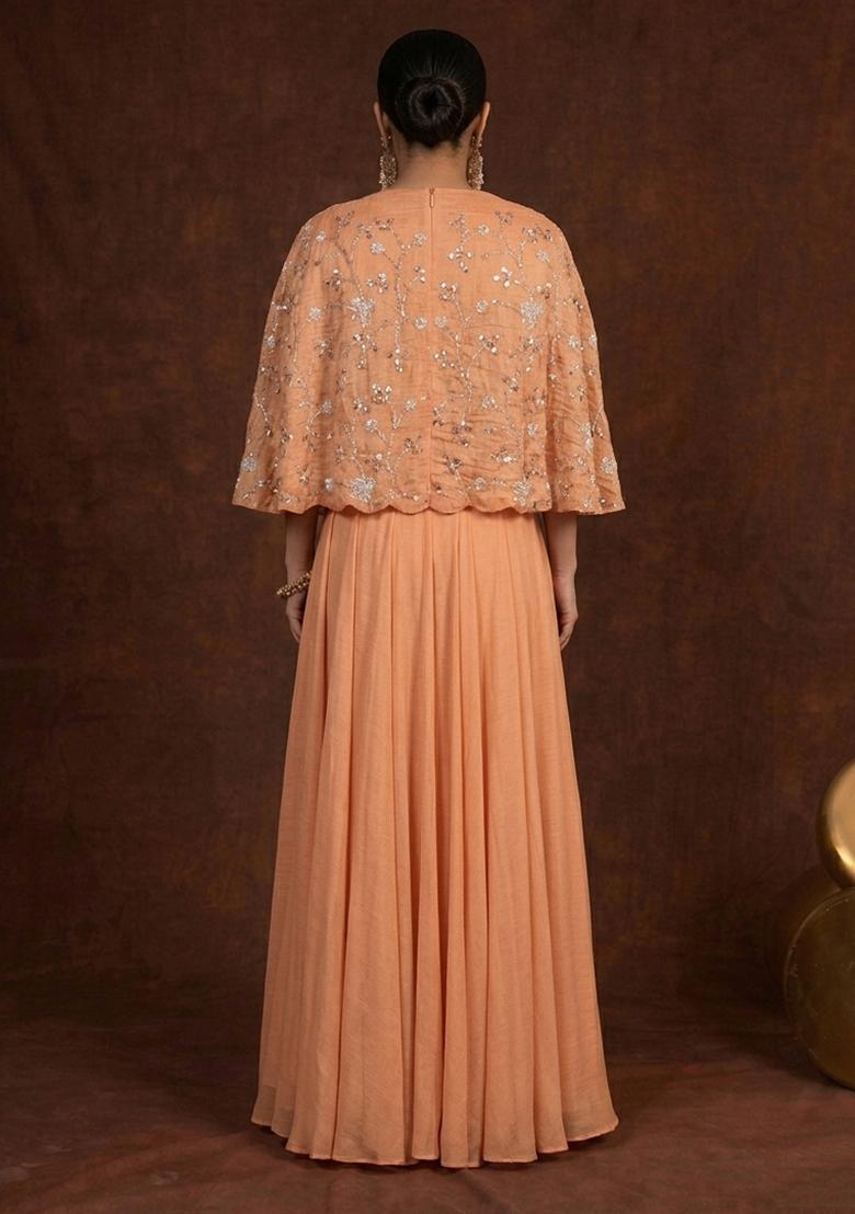 Peach Embellished Crepe Fusion Set - Indya