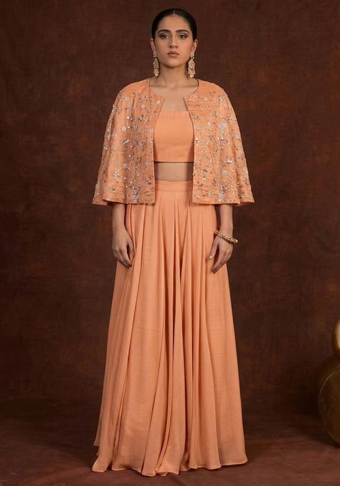 Peach Embellished Organza Fusion Set