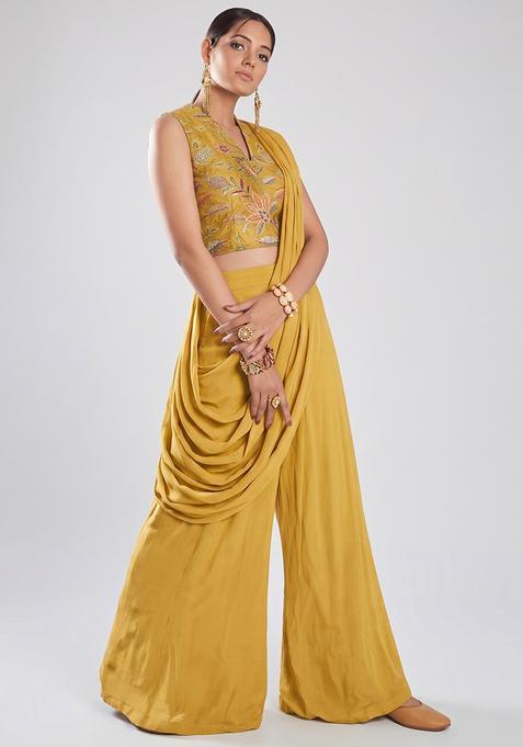 Mustard Embroidered Silk Blend Fusion Set