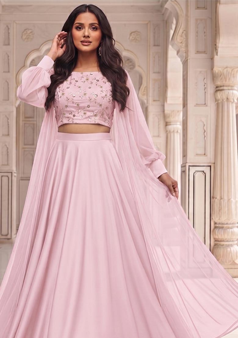 Blush Pink Embroidered Crepe Lehenga Set - Indya