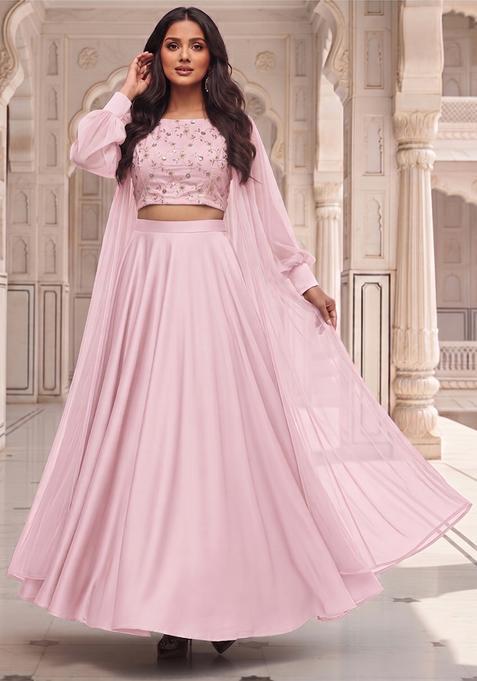 Blush Pink Embroidered Silk Blend Lehenga Set