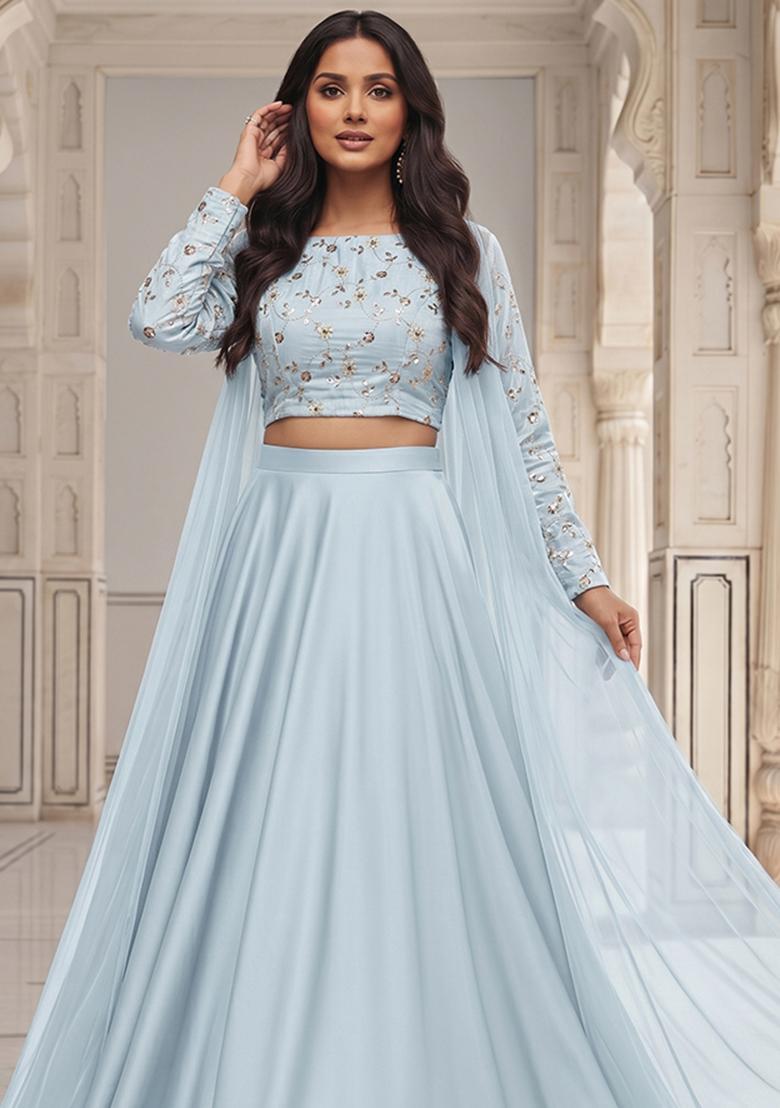 Pastel Blue Sequin Crepe Lehenga Set - Indya