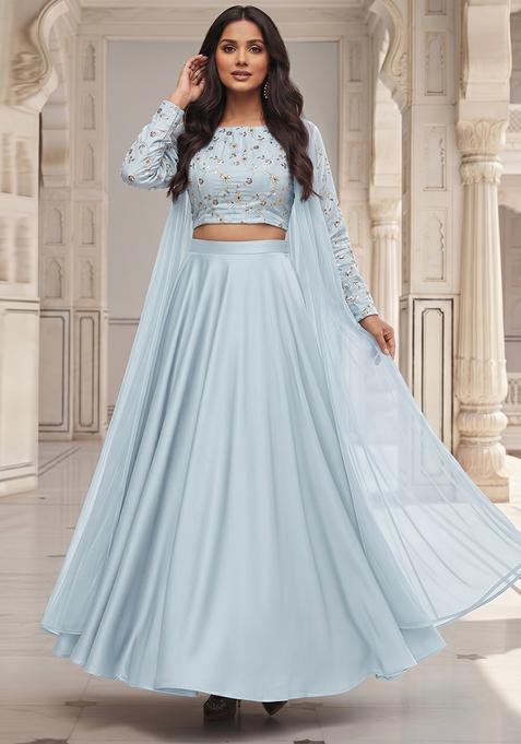 Pastel Blue Sequin Work Silk Blend Lehenga Set