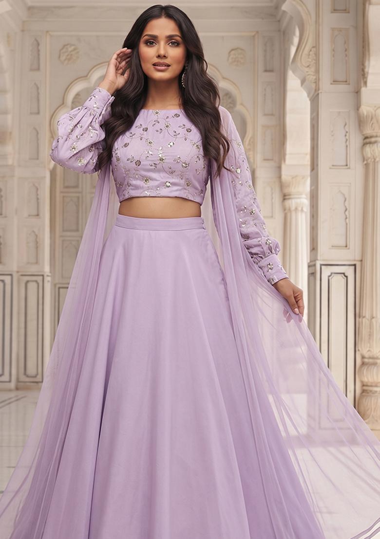 Lilac Embroidered Crepe Lehenga Set - Indya