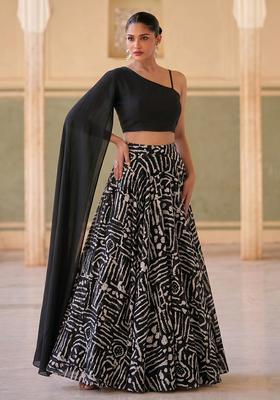 Charcoal Black Printed Georgette Fusion Set
