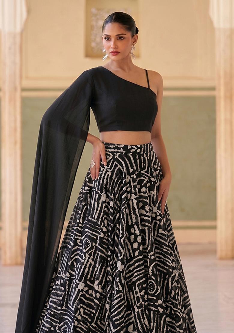 Charcoal Black Printed Georgette Fusion Set - Indya