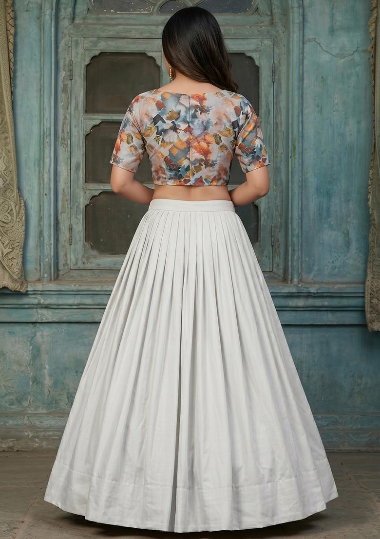 Light Grey Printed Organza Lehenga Set - Indya