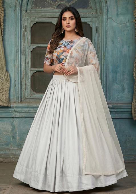 Light Grey Printed Organza Lehenga Set