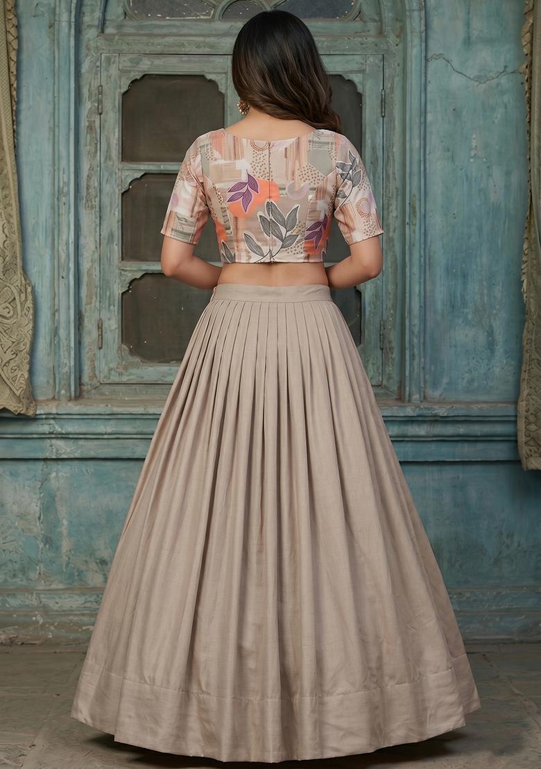 Ash Brown Abstract Print Silk Blend Fusion Set - Indya