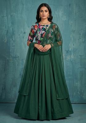 Bottle Green Printed Organza Lehenga Set