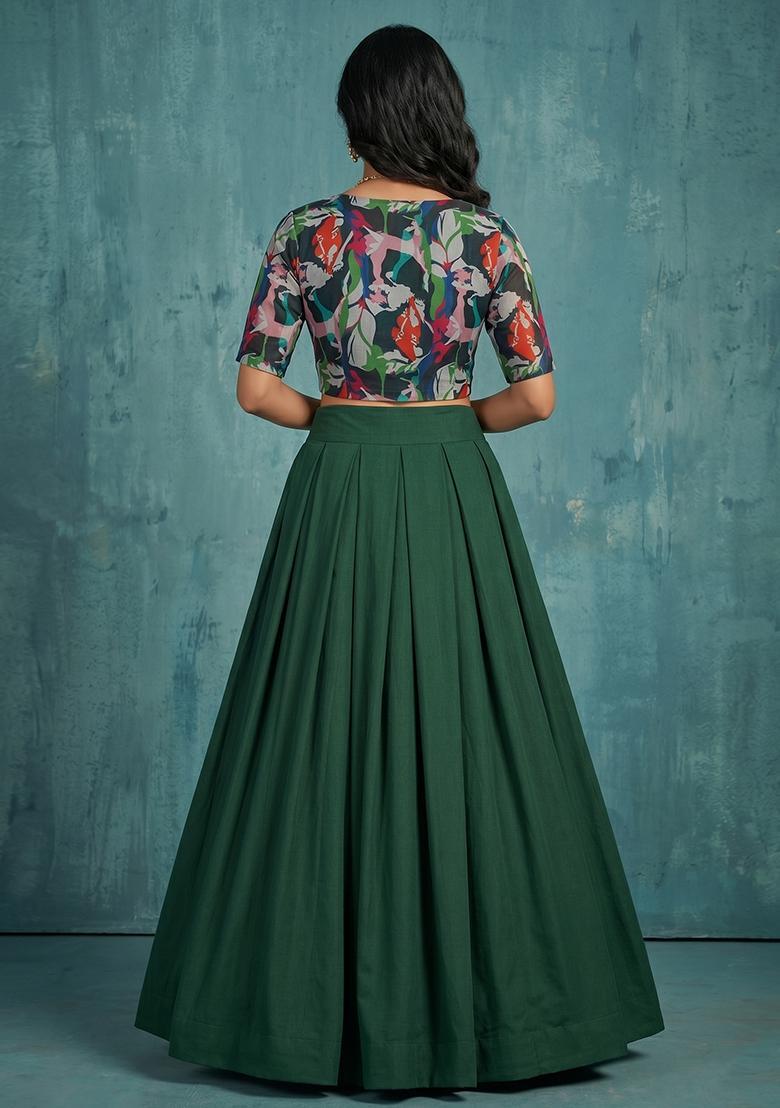 Bottle Green Printed Organza Lehenga Set - Indya
