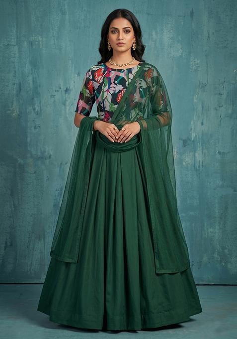 Bottle Green Abstract Print Silk Blend Fusion Set