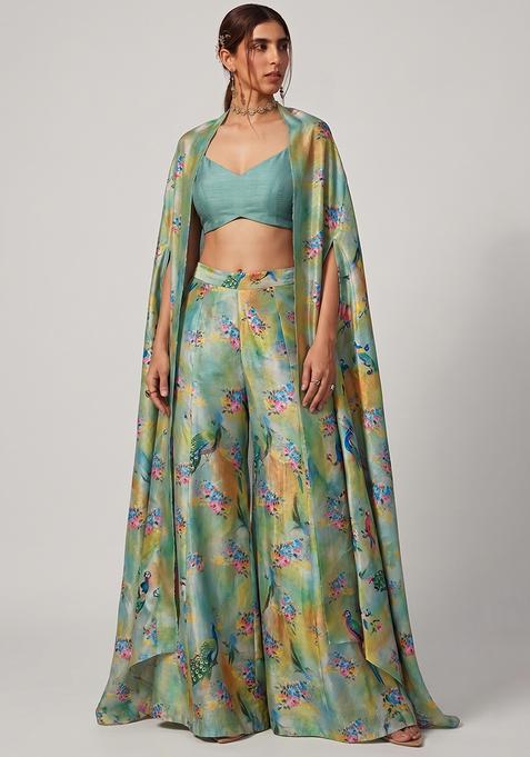 Multi Color Floral Print Silk Blend Fusion Set