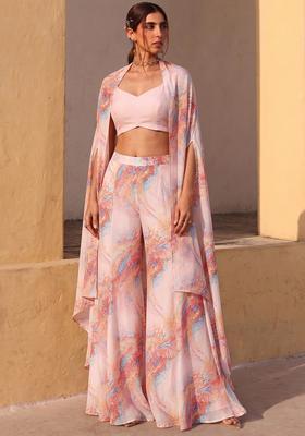 Peach Pink Printed Organza Fusion Set