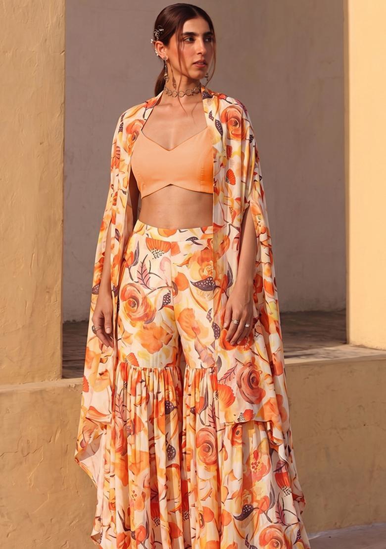 Apricot Printed Organza Fusion Set - Indya