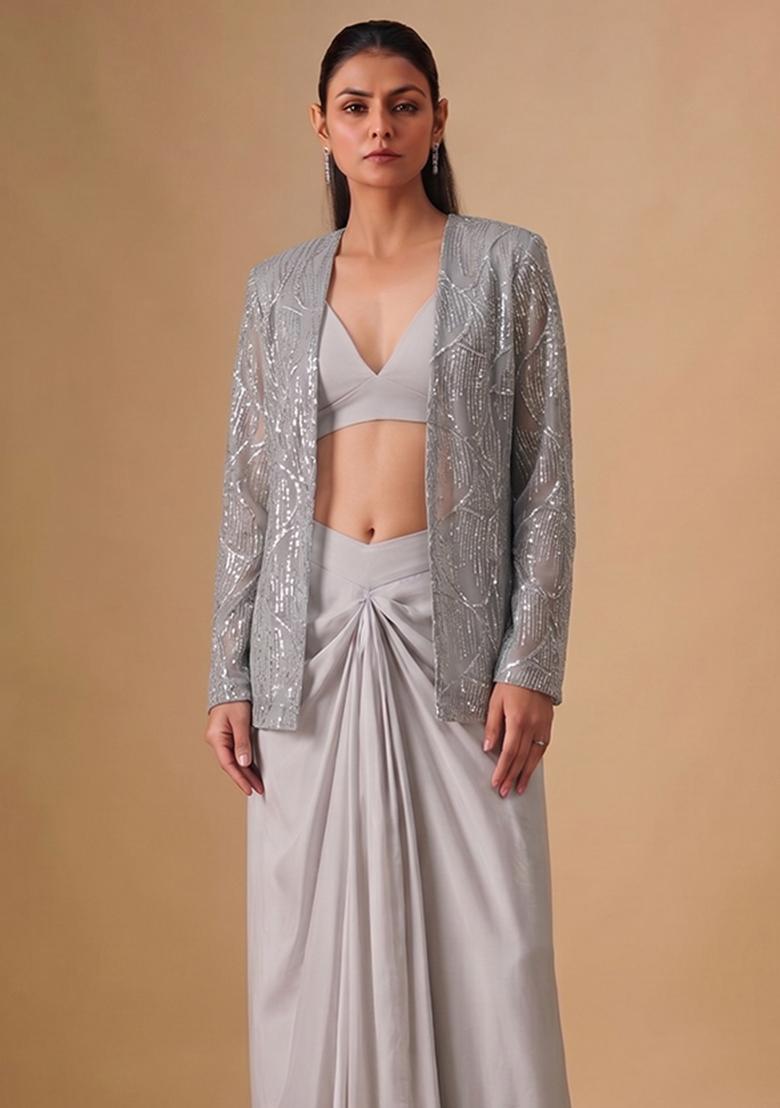 Silver Grey Sequin Net Fusion Set - Indya