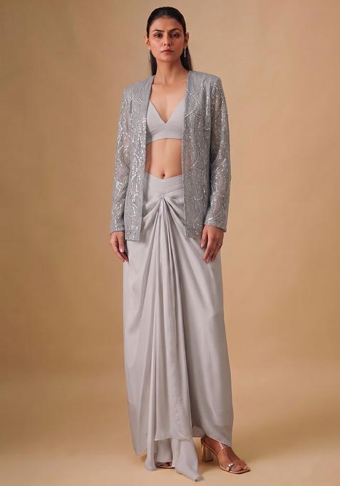 Silver Grey Sequin Work Net Fusion Set
