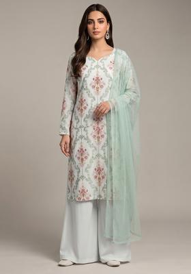 Off White Embroidered Georgette Kurta Set