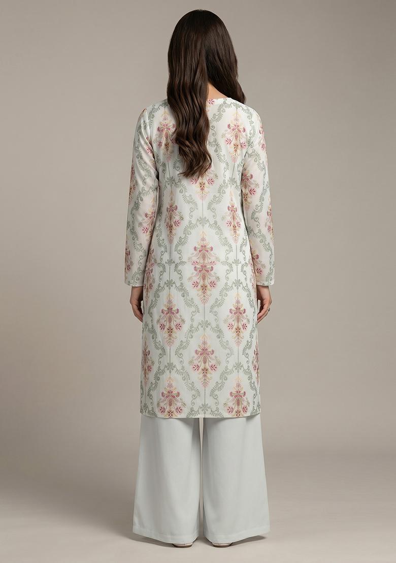 Off White Embroidered Georgette Kurta Set - Indya