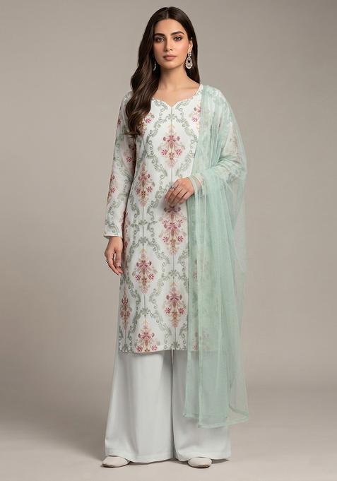 Off White Embroidered Georgette Kurta Set