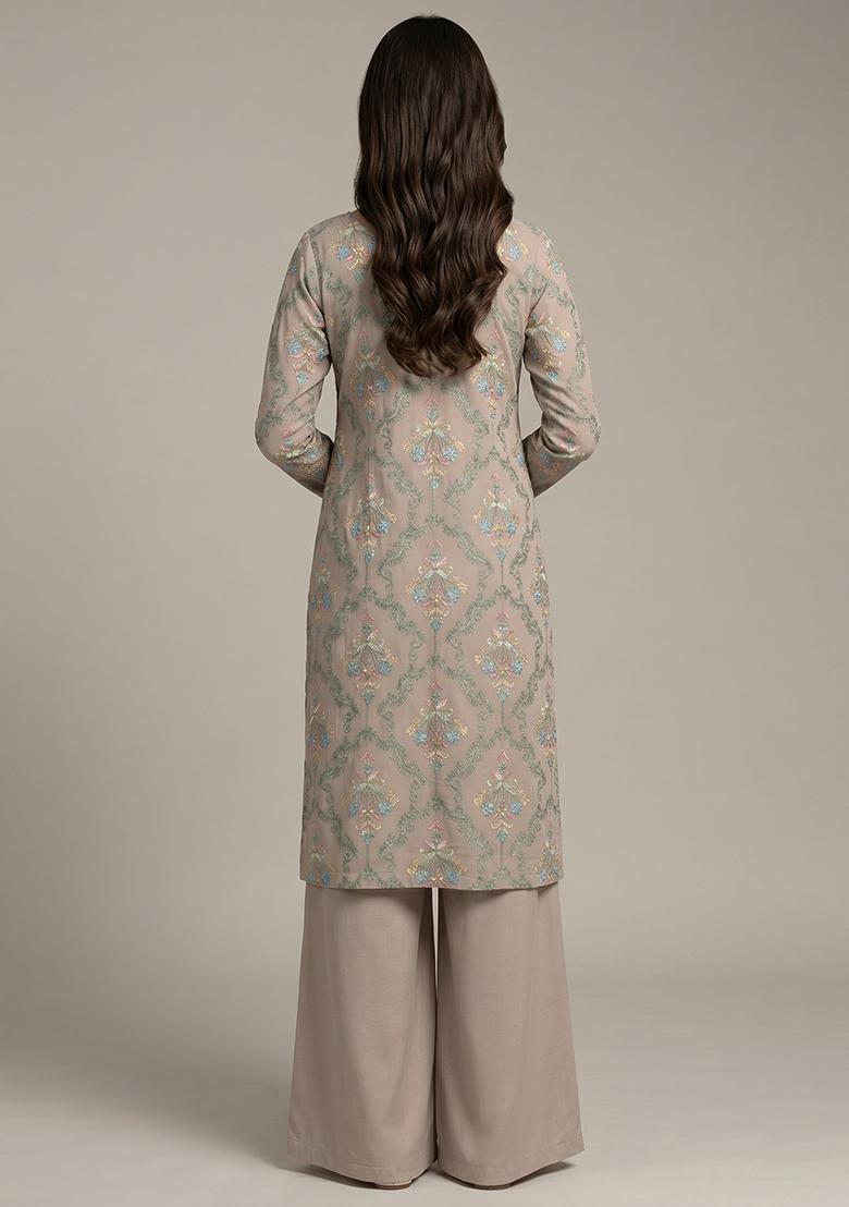 Light Grey Embroidered Georgette Kurta Set - Indya