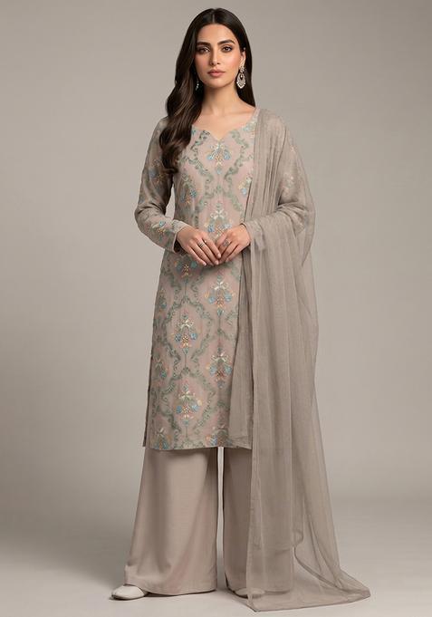 Light Grey Embroidered Georgette Kurta Set