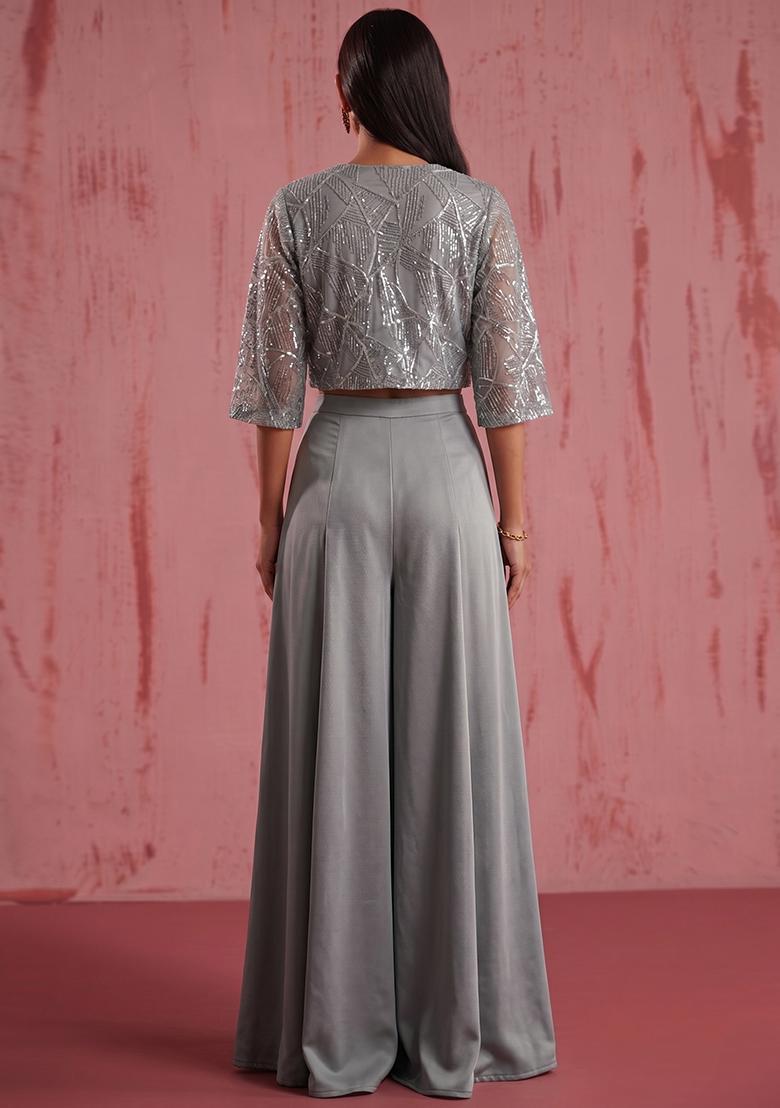 Sliver Grey Sequin Net Fusion Set - Indya