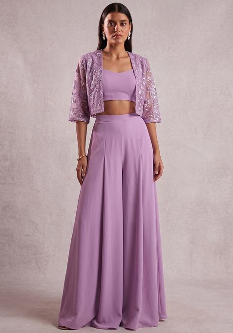 Lilac Embroidered Net Fusion Set