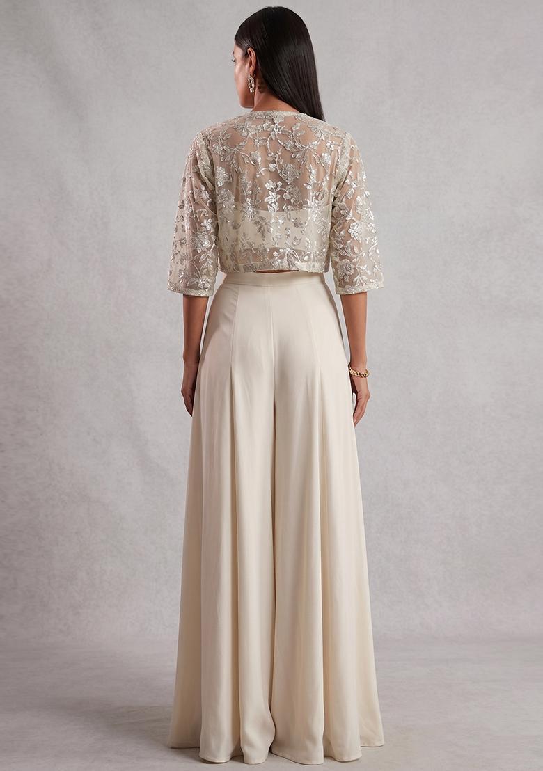 Ivory Lace Work Net Fusion Set - Indya