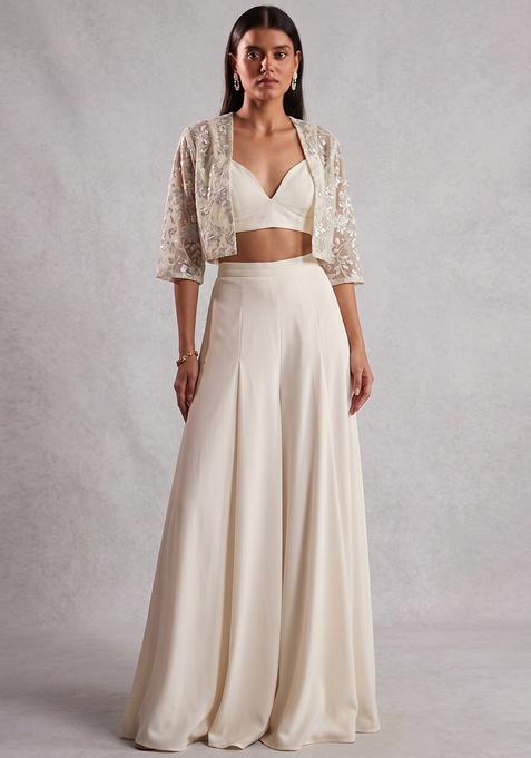 Ivory Embroidered Net Fusion Set