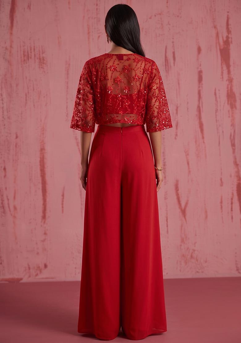 Cherry Red Lace Work Net Fusion Set - Indya