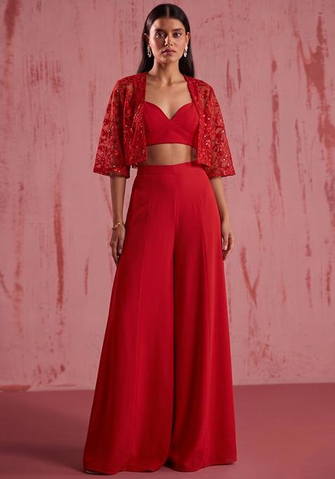 Cherry Red Embroidered Net Fusion Set