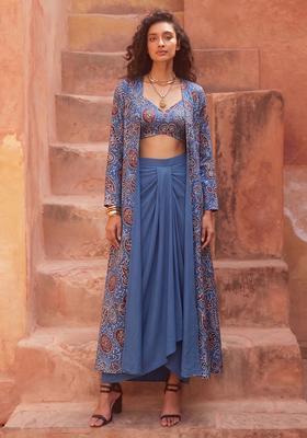 Cobalt Blue Printed Silk Fusion Set