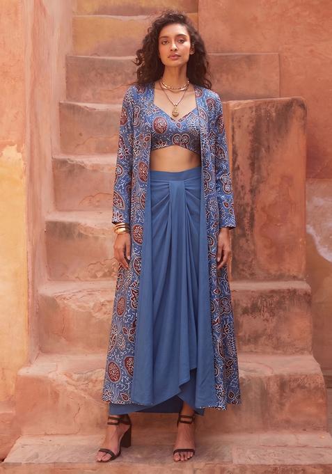Cobalt Blue Printed Silk Blend Fusion Set