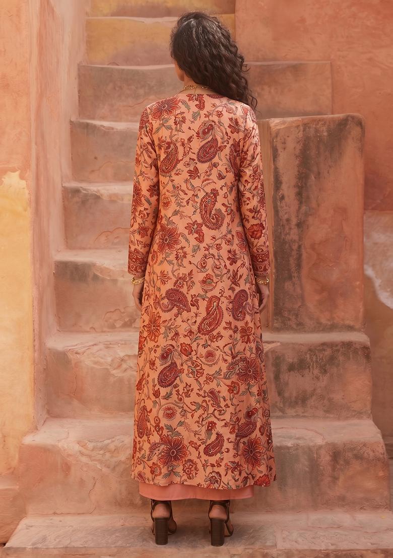 Peach Printed Silk Fusion Set - Indya