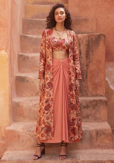 Peach Printed Silk Fusion Set