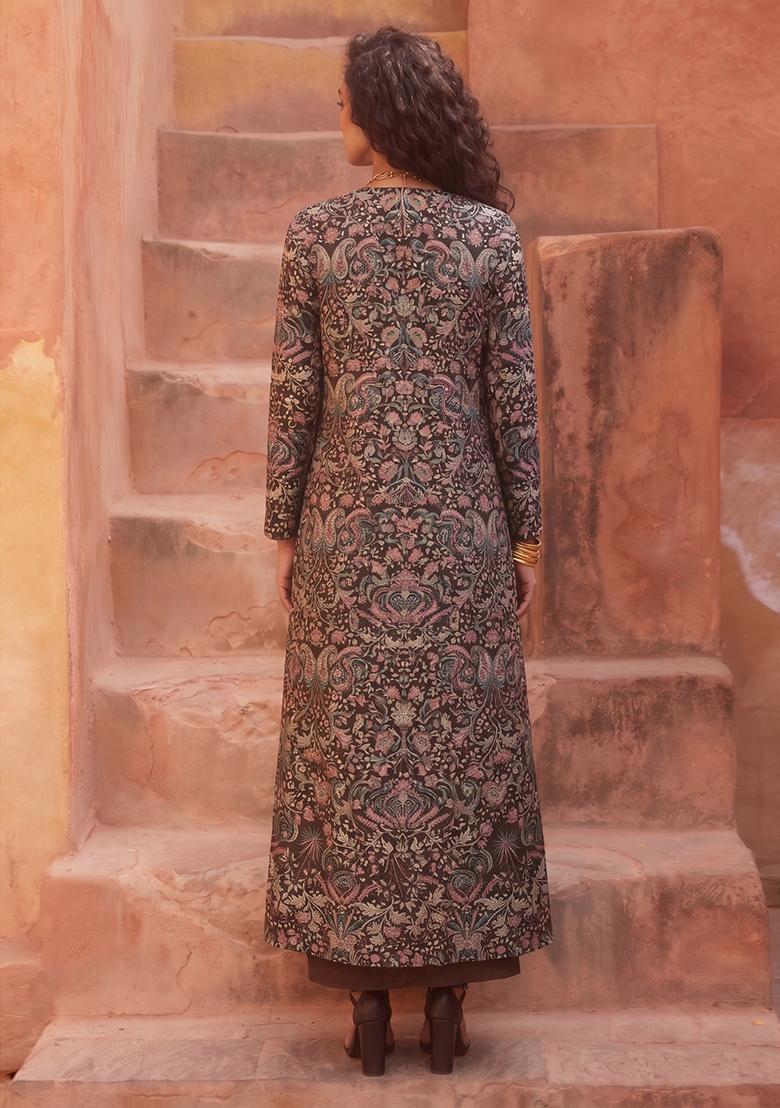 Chocolate Brown Printed Silk Fusion Set - Indya