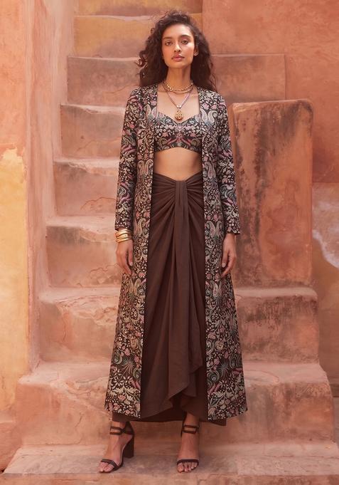 Chocolate Brown Floral Print Silk Blend Fusion Set