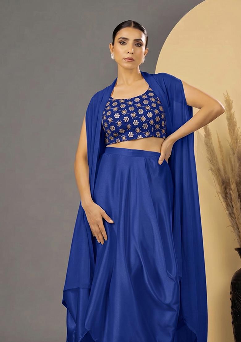 Royal Blue Sequin Georgette Fusion Set - Indya