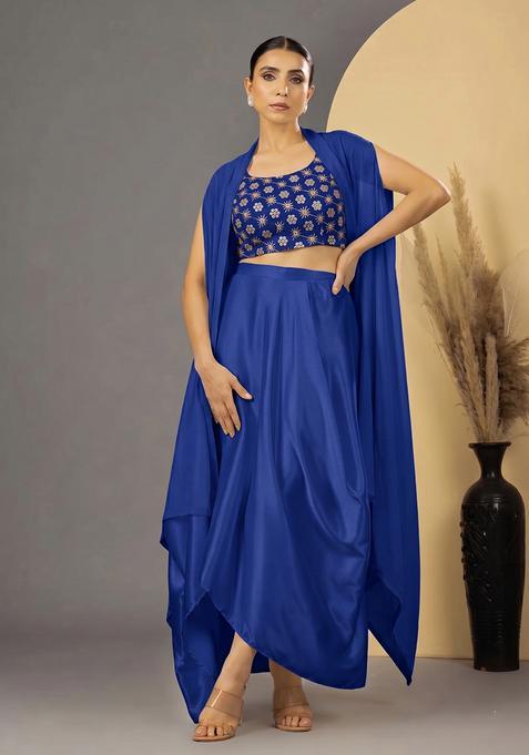 Royal Blue Mirror Work Silk Blend Fusion Set