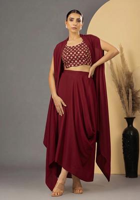 Maroon Sequin Georgette Fusion Set