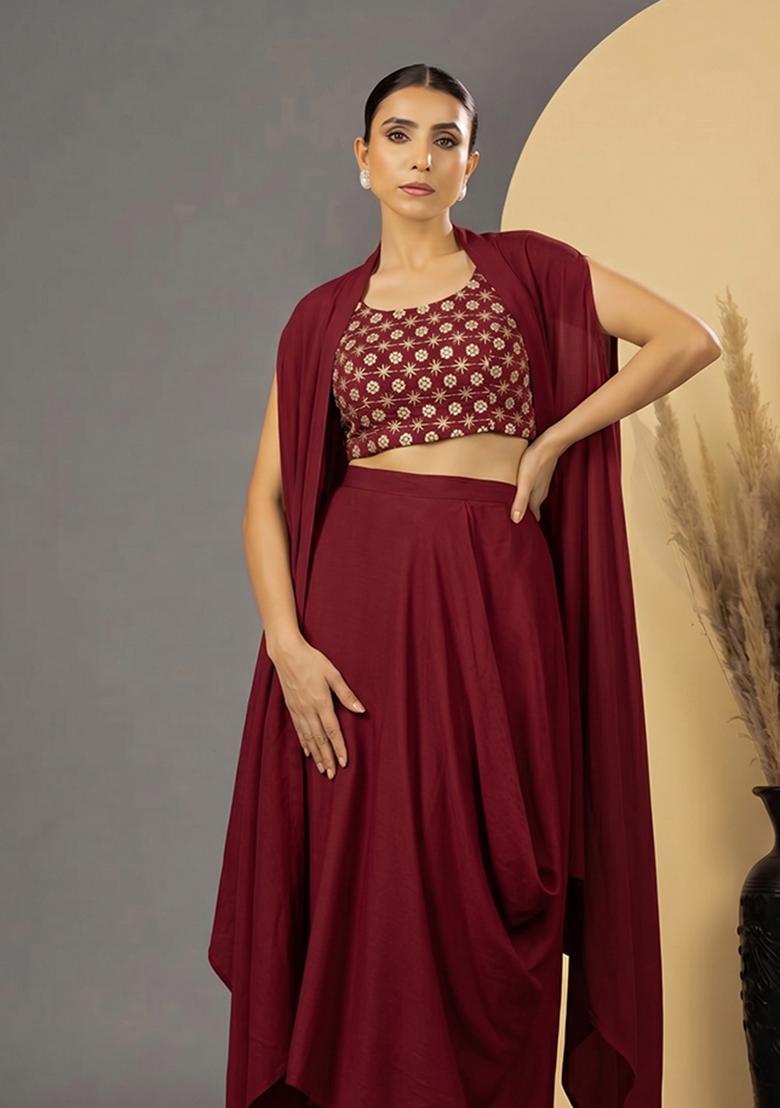 Maroon Sequin Georgette Fusion Set - Indya