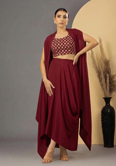 Maroon Mirror Work Silk Blend Fusion Set