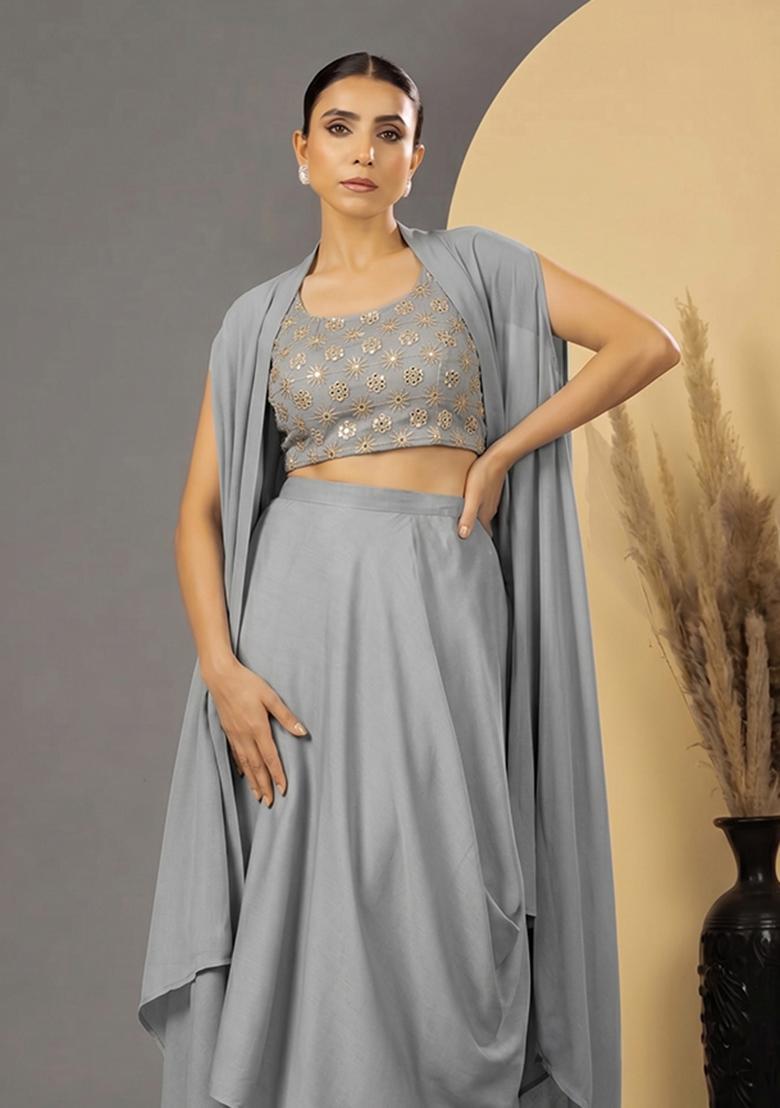 Light Grey Sequin Georgette Fusion Set - Indya