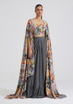 Slate Grey Printed Crepe Fusion Set