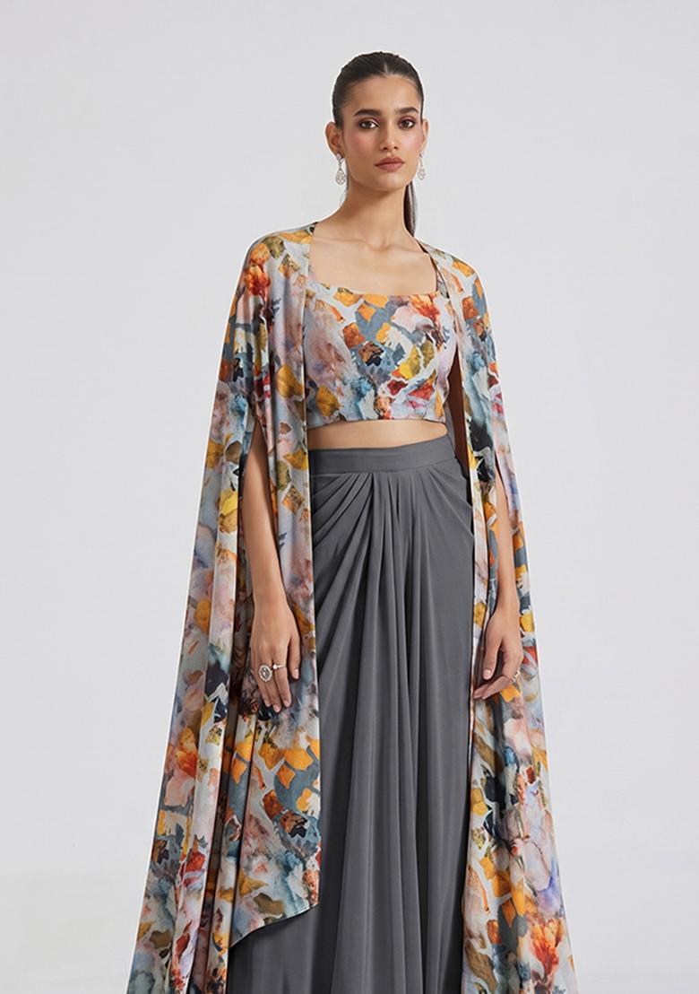 Slate Grey Printed Crepe Fusion Set - Indya