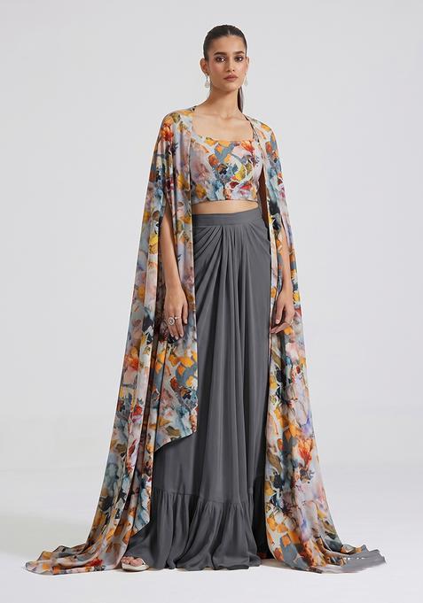 Slate Grey Abstract Print Crepe Fusion Set