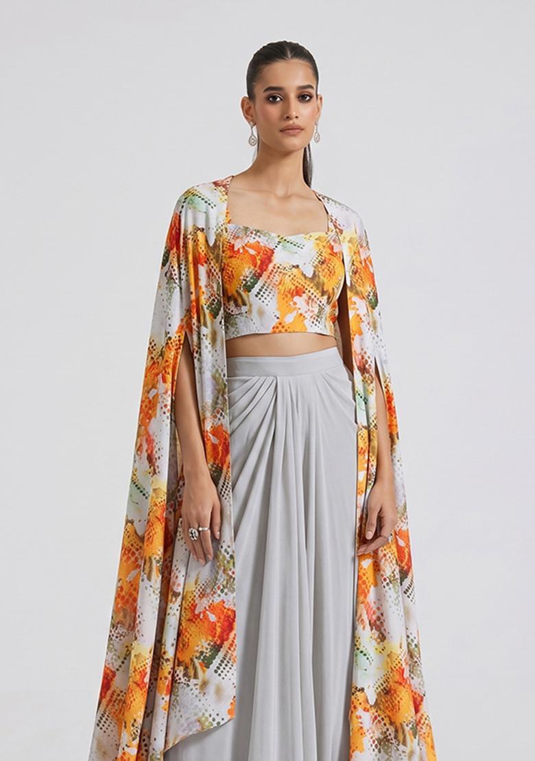 Grey Printed Crepe Fusion Set - Indya