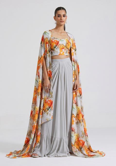 Grey Abstract Print Crepe Fusion Set