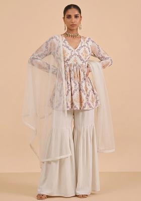 Cream Embroidered Georgette Sharara Set
